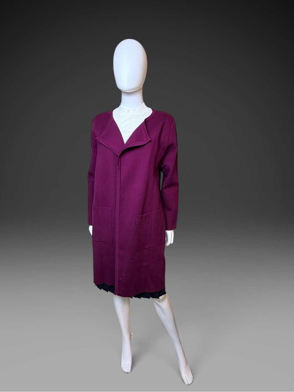 Burgundy Long Open Front Knit Cardigan with Pockets - L